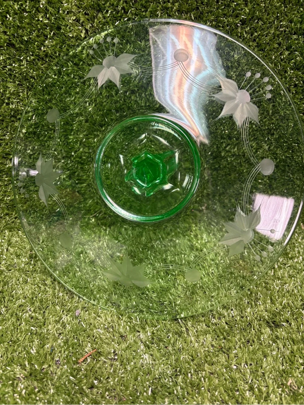 Vintage Uranium Green Glass Handled Octagon Sandwich Plate/Tidbit Tray/Display